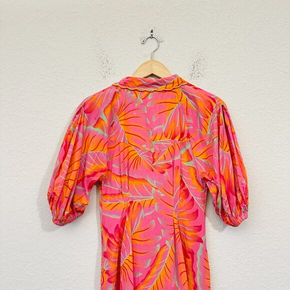 ANTHROPOLOGIE FARM RIO Bright Forest Midi Dress Pink Orange Puff Sleeve - Picture 10 of 16